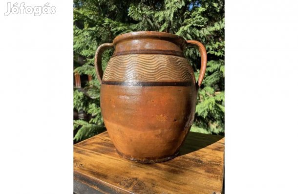 Régi kézzel festett füles kerámia korsó tároló edény népi paraszti dek