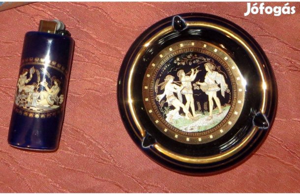 Régi kézzel festett görög porcelán hamutartó és öngyújtótartó nem has
