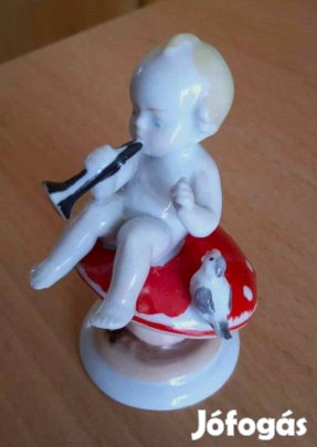 Régi kis zenész puttó figura madárkával Metzler & Ortloff