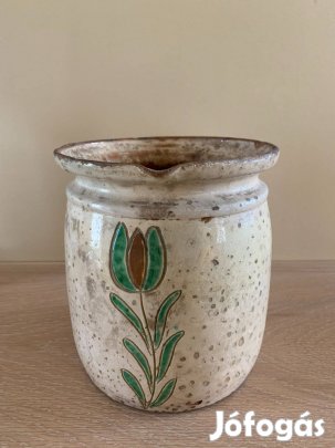 Régi mázas kerámia csupor népi motívummal