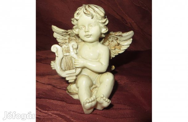 Régi mázas kerámia zenélő angyalka puttó hárfával 9 cm