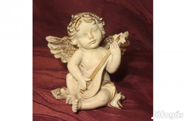 Régi mázas kerámia zenélő angyalka puttó mandolinnal 9 cm