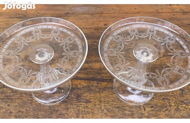 Régi metszett üveg tortatartó gyümölcs tartó kínáló asztalközép párban
