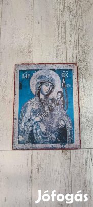 Régi nagyméretű orosz ikon fatáblán, hátoldala és oldala selyempapírra