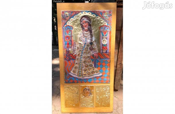 Régi naiv népi festészet domborított festett réz kép, fiatal lány régi