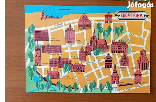 Régi német képeslap ('70-es évek), térképes - Rostock
