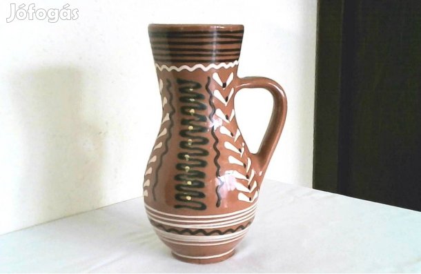 Régi népművészeti szép festett mázas kerámia bokály korsó