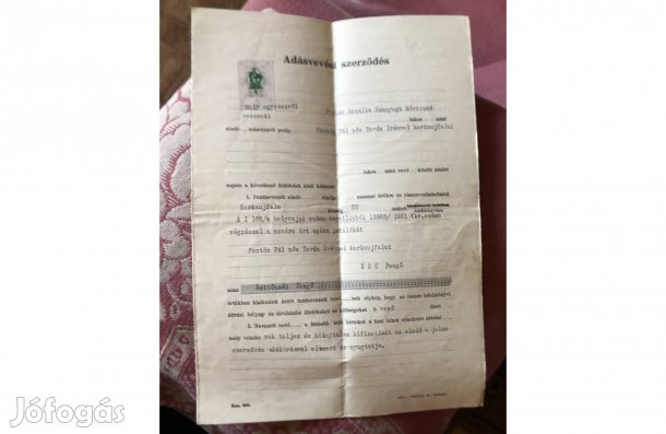 Régi pecsételt irat adásvételi szerződés 1000 Ft