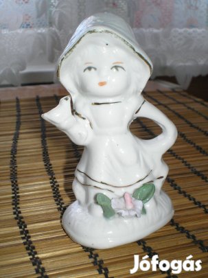 Régi porcelán figura kislány kezében madárral