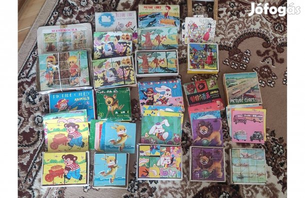 Régi retró faból készült kirakó kockajáték többféle mesekocka egyben