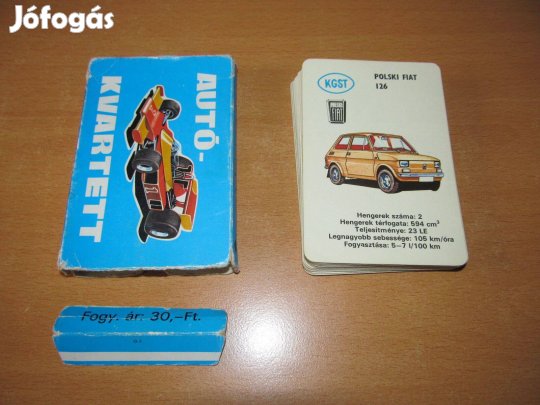 Régi retró hiánytalan kártya pakli: Autó kvartett (1980-as évek)