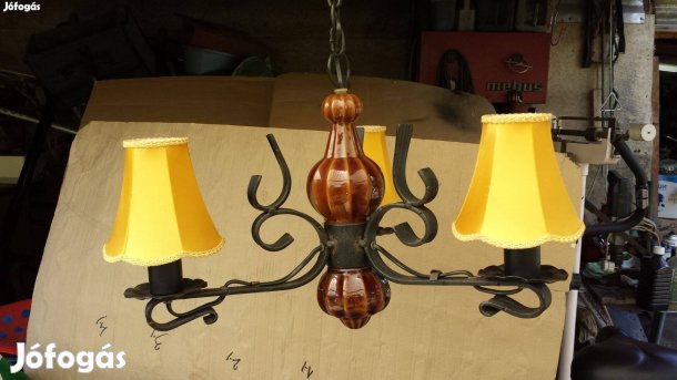 Régi retro kovácsoltvas 3 ágú kerámia csillár lámpa mennyezeti burás