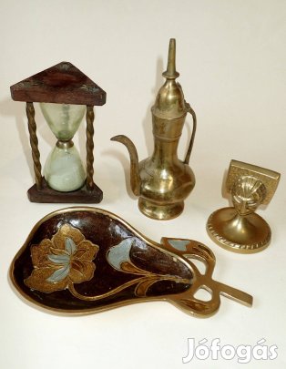 Régi retró réz tárgyak kiöntő kancsó tűzzománcos tál hamutál homokóra