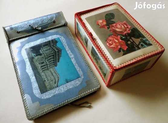 Régi retró vintage képeslapból varrt doboz album varródoboz kézimunka