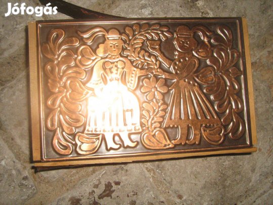 Régi réz domborműves fa ládika levéltartó 20x25cm Iparművész