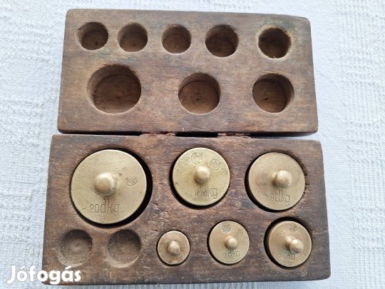 Régi réz mérleg súlyok saját fa dobozban 4500 Ft