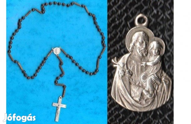 Régi rózsafüzér és vallási medál: Szent József és a kis Jézus