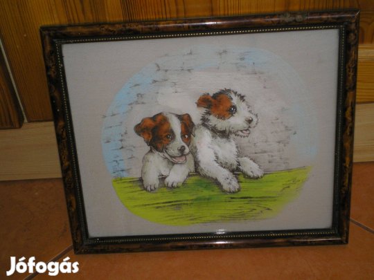 Régi selyemfestmény kölyökkutyákkal, eredeti keretében
