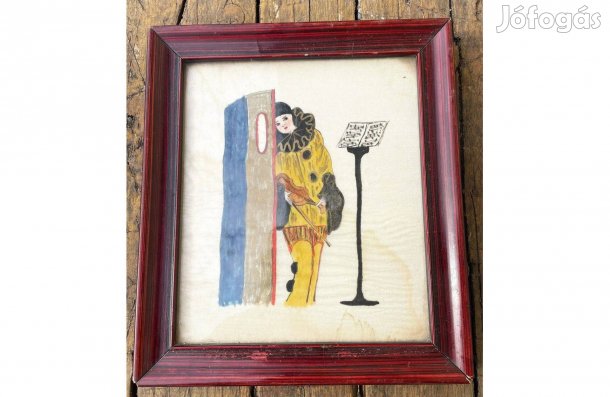 Régi selyemre festett kis kép Harlekin festmény