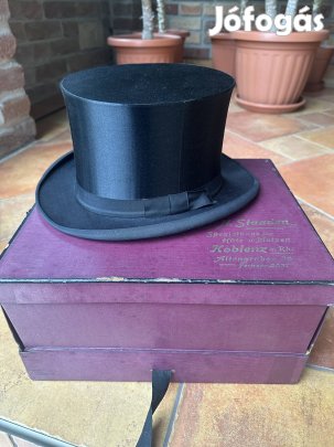 Régi újszerű selyem cilinder eredeti dobozában