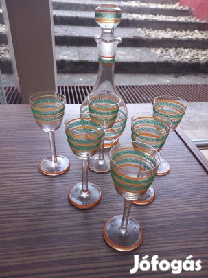 Régi üveg likőrös készlet 6 pohárral