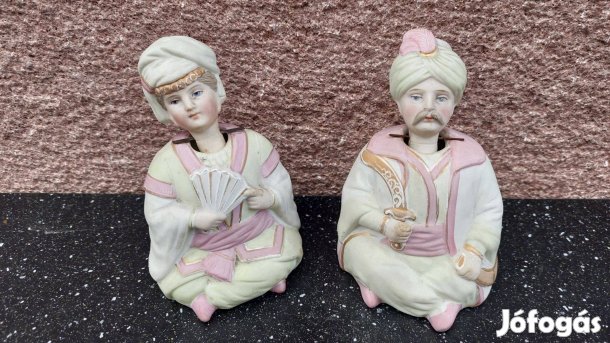 Régi viktoriánus Német biszkvit porcelán, mozgó fejű pár szobrok, figu