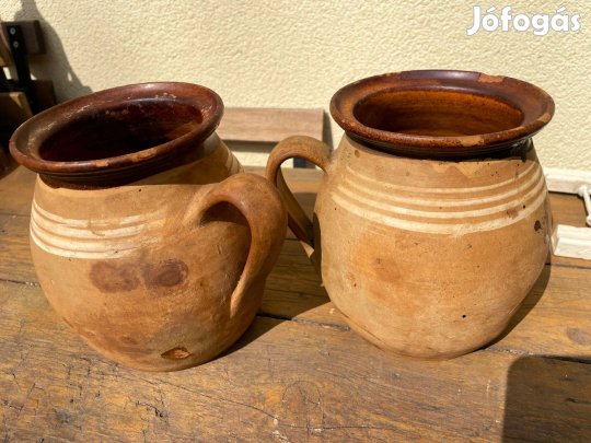 Régi vintage népi cserépedény két lekváros bödön, köcsög mázas edény