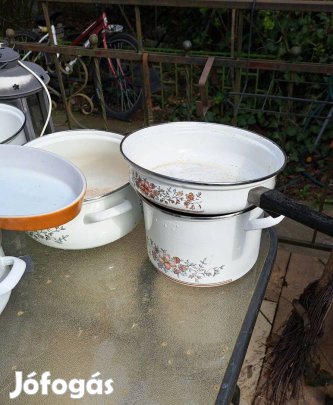 Régi virágmintás zománc edények, vegyes