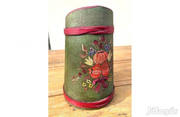 Régi zöld fakancsó, kézzel festett vintage bajor fa korsó, vintage