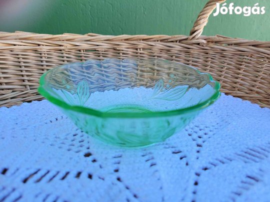 Régi zöld gyöngyvirág mintás kis üveg tál