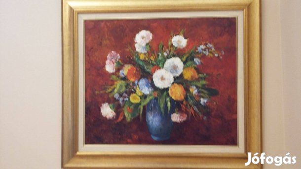Reinhardt István: Szegfűs csendélet nagyméretű olaj-farost festmény