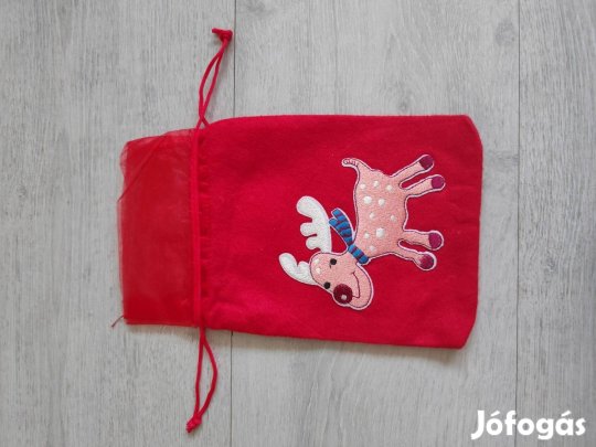 Rénszarvasos Mikulás zsák, összehúzható ajándék zacskó