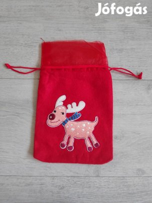 Rénszarvasos ajándék zacskó, Mikulás zsák, összehúzható tasak