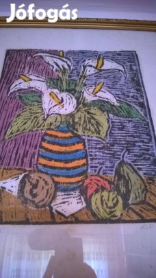 Réti Mátyás festőművész kála virág linómetszet keretezve ,felértékelt