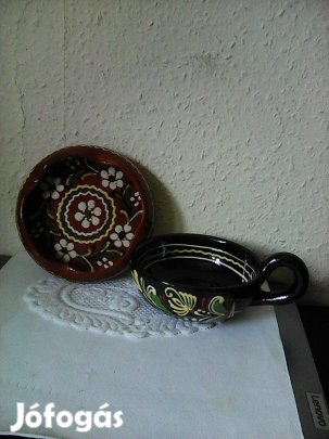 Retró1 db kézzel festett kerámia hamutál 1 db egy fülű kerámia tál