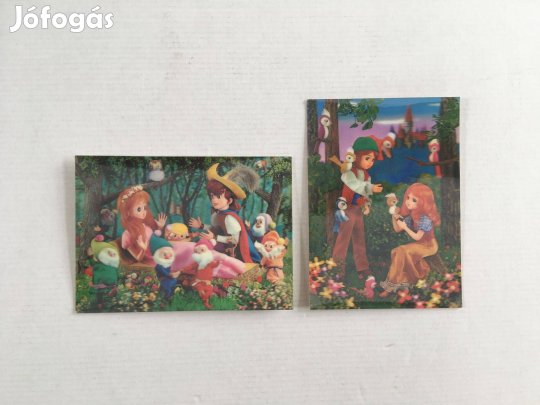 Retro 3D-s mesés képeslap Hófehérke és a hét törpe / Jancsi és Juliska