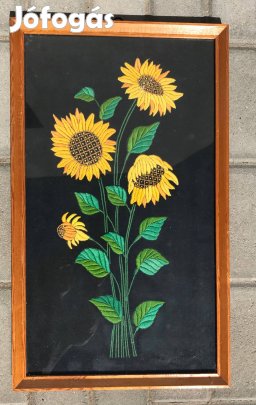 Retro Hímzett falikép napraforgó mintás fa keretben
