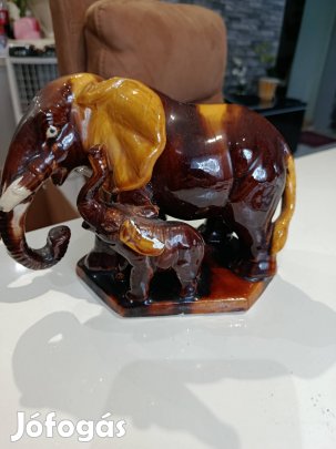 Retro Komlós stílusú kerámia elefánt pár (14 cm) - Szerencsehozó dísz