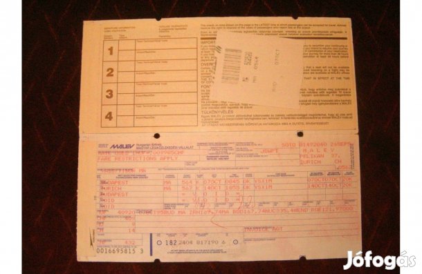 Retró MALÉV repülőjegy Bp-Zürich-Bp 1995