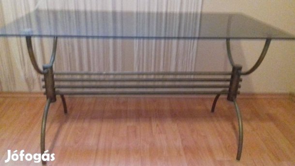 Retro Magyar kisipari rézvázas üveg asztal 60-70-es évek