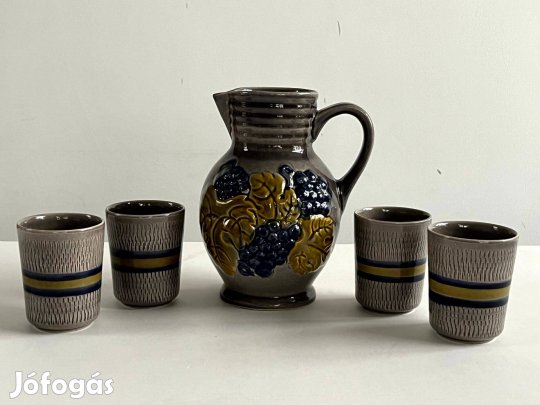 Retro Scheurich szőlő mintás boros, vizes kancsó, kiöntő + 4db pohár