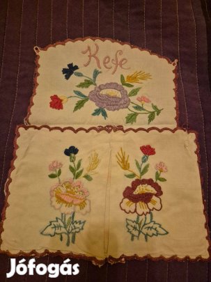 Retro, himzett vászon fésű-kefe tartó