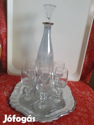 Retro, pálinkás-italos kínáló szett -2 készlet: butélia,poharak,tálca