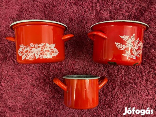 Retro, régi 3db piros zománcozott lábos, edény!