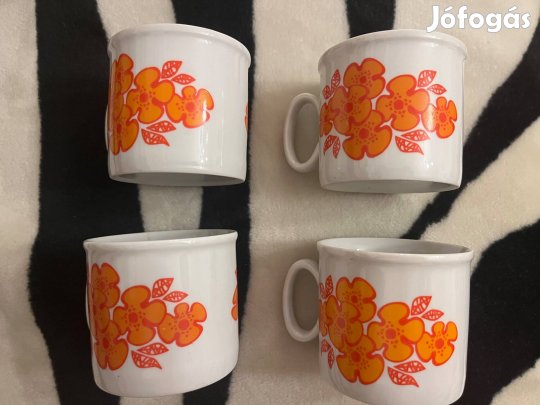 Retro, régi 4db Zsolnay narancssárga virágos porcelán bögre!