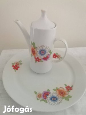 Retró alföldi porcelán kávés kiöntő és kínáló tál, húsos, süteményes