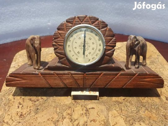 Retro asztali fa nagyméretű elefántos hőmérő szocreál kádár dekoráció