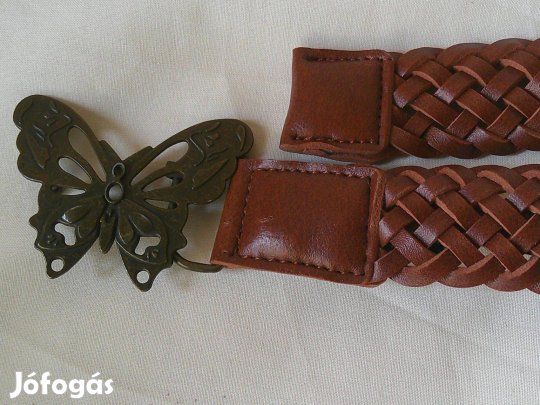 Retro barna műbőr fonott öv fém pillangó / lepke alakú övcsattal