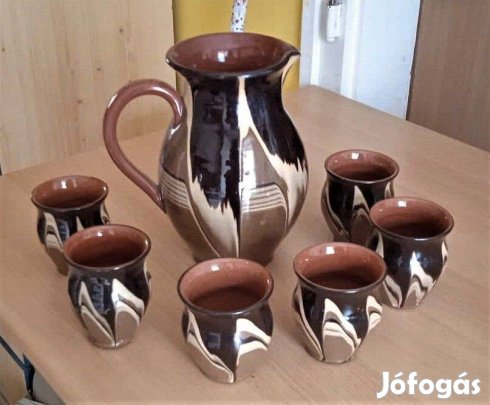 Retro bolgár, nagyon szép mázas kerámia boros/vizes készlet