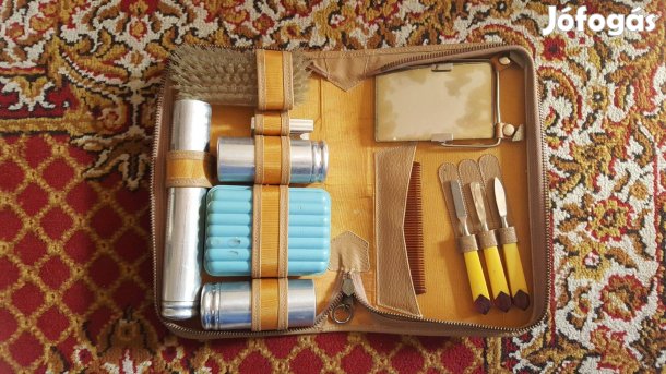 Retró borotválkozó, pipere készlet, piperekészlet bőr táskában